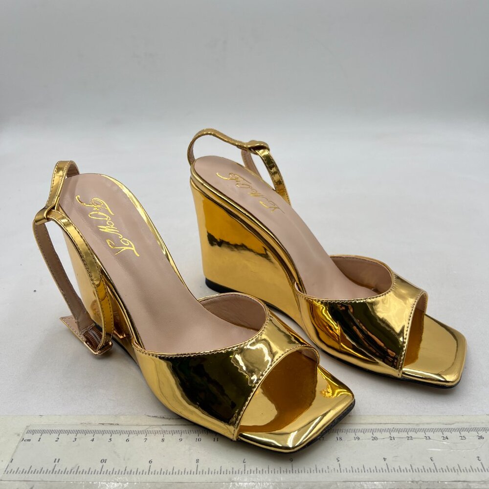 FOWT Gold Open Square Toe Wedge Sandals Cutout Ankle Strap High Heel Slide Shoes